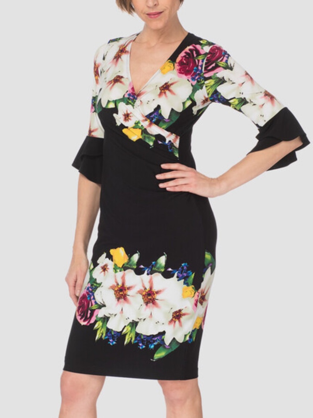 Joseph Ribkoff Floral Design Bell Sleeve Wrap Dress Size 2